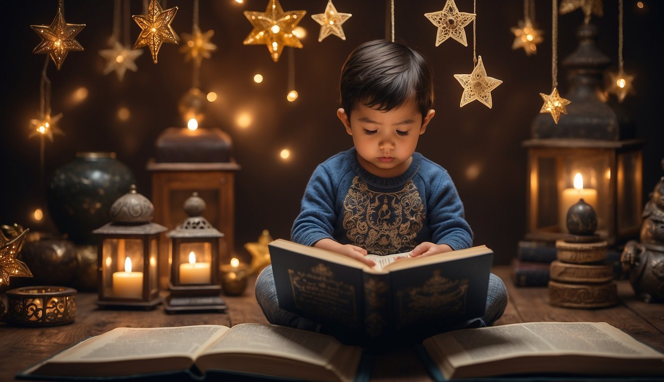 A child sits attentively as a parent reads from a book, surrounded by symbols of various religious traditions