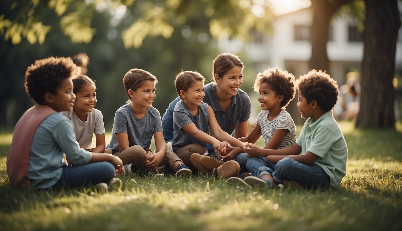 A group of adults gather around children, teaching and guiding them in the ways of the Lord. The community plays an active role in shaping the development of the next generation