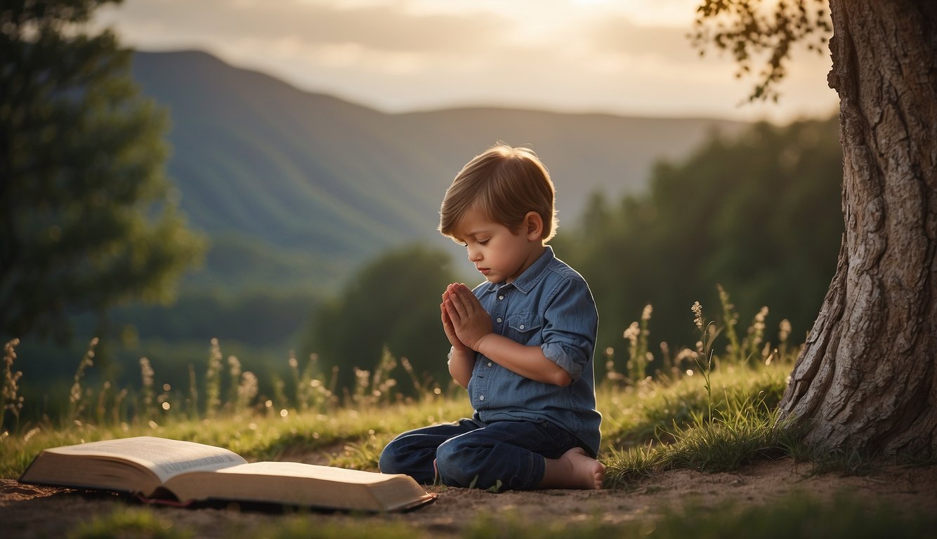 A child kneeling in prayer, surrounded by open Bible, cross, and peaceful surroundings