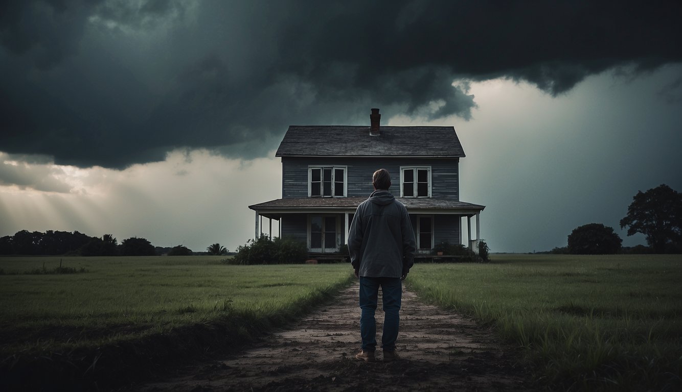 A stormy sky looms over a dimly lit house, with a cracked foundation and wilted garden. A figure stands at the threshold, torn between the darkness inside and the uncertain horizon outside