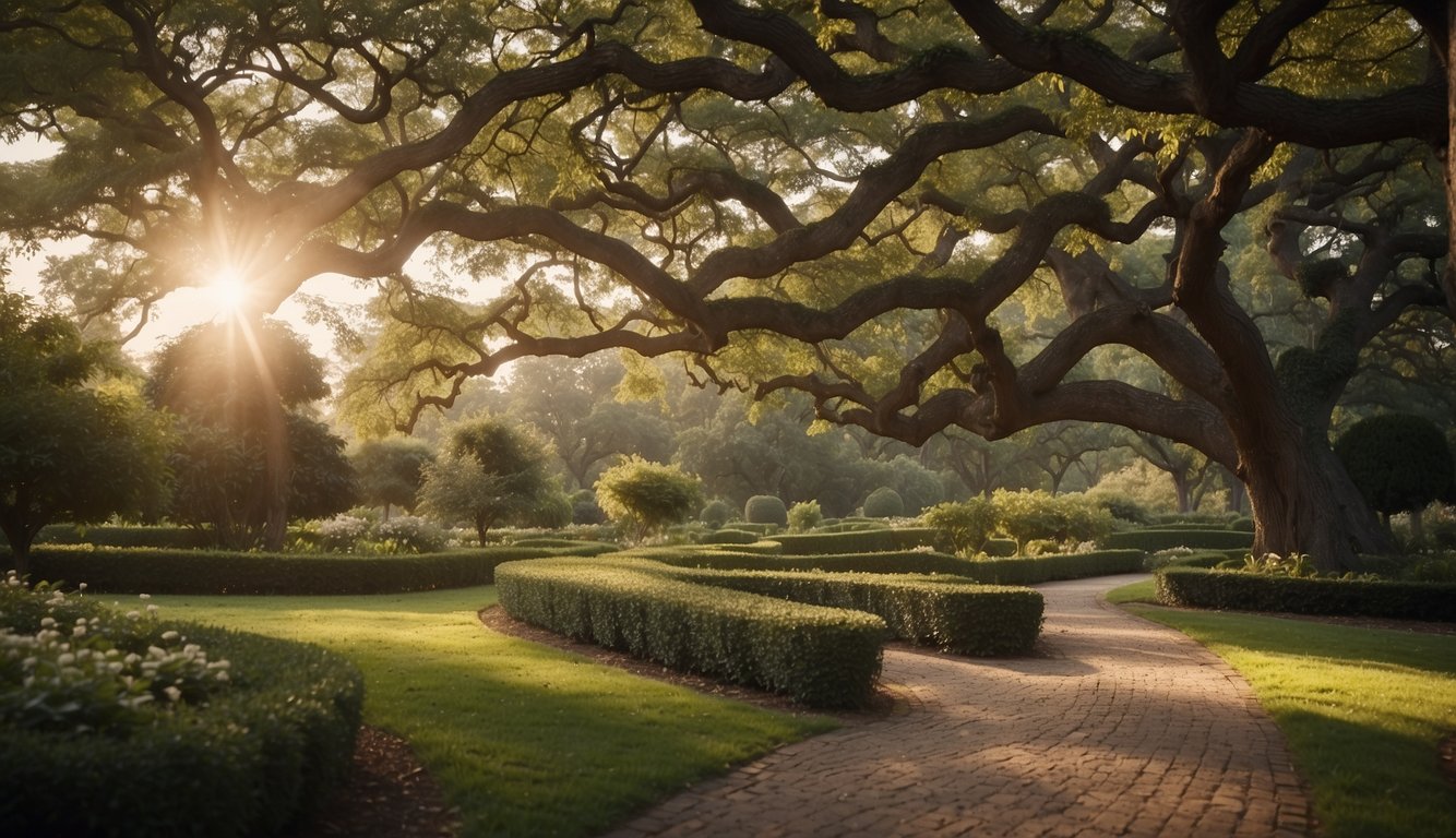 A serene garden with a winding path leading to a beautiful, sturdy oak tree, symbolizing the strength and endurance of marriage from God's perspective