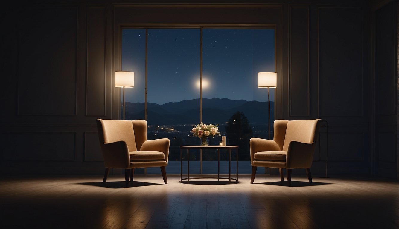 A dimly lit room with two separate chairs facing away from each other, a closed door, and a faint image of a wedding ring on a table