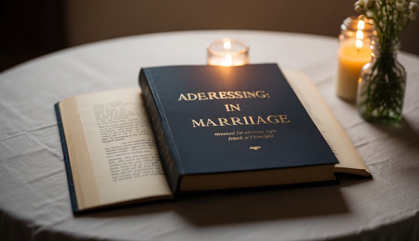 A couple sits on opposite sides of a table, their body language tense. A book titled "Addressing Challenges in Marriage" lies open between them. A ray of light shines on the book, symbolizing hope