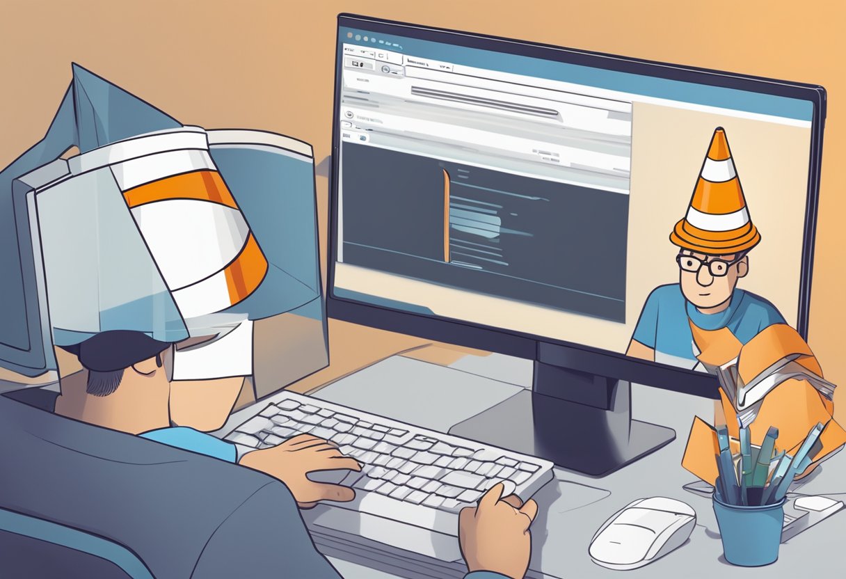 A computer screen displaying an error message "VLC is unable to open MRL file" with a frustrated expression on the user's face