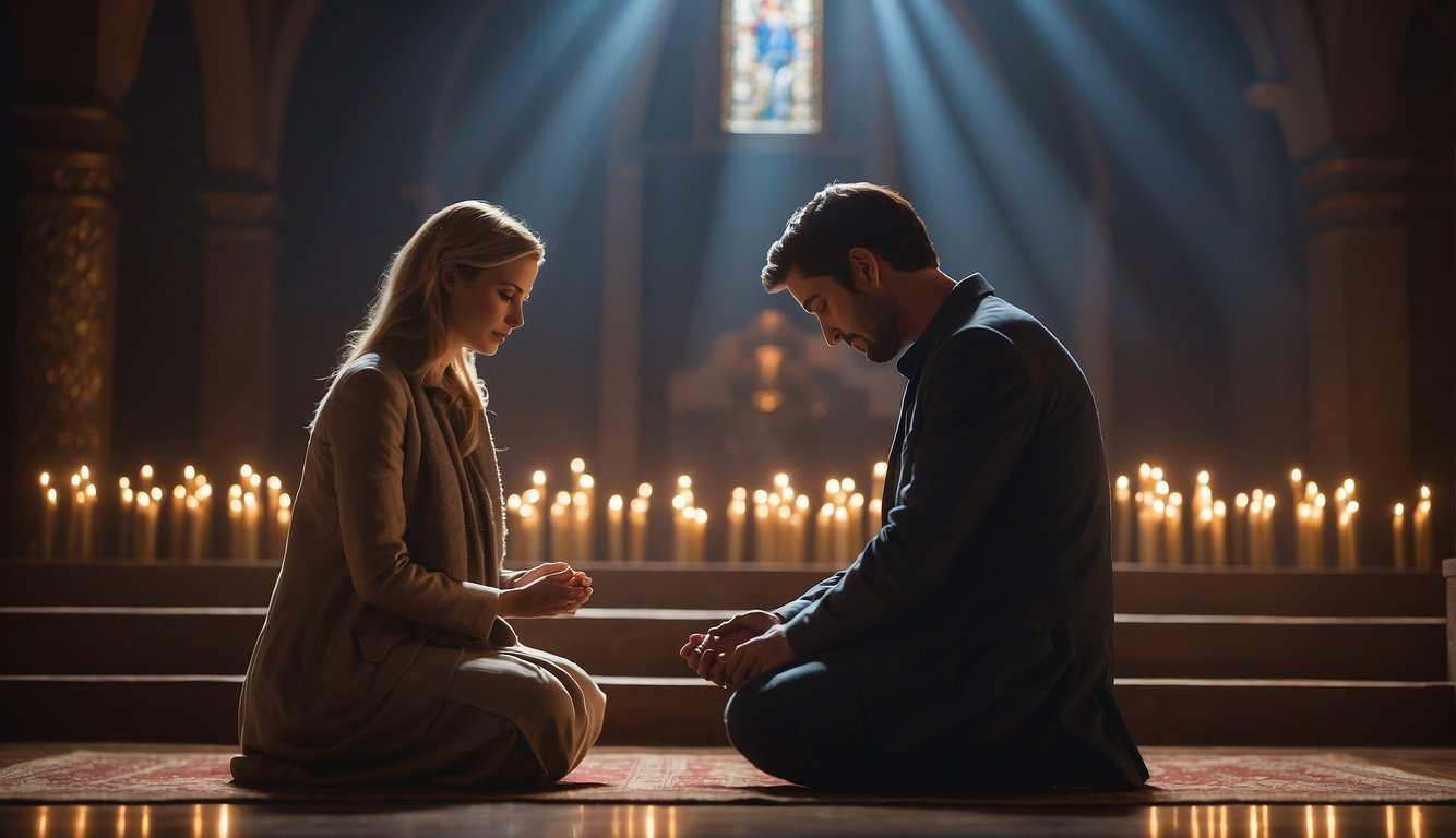 A couple kneels together in prayer, surrounded by symbols of faith. A beam of light shines down on them, representing God's presence in their marriage