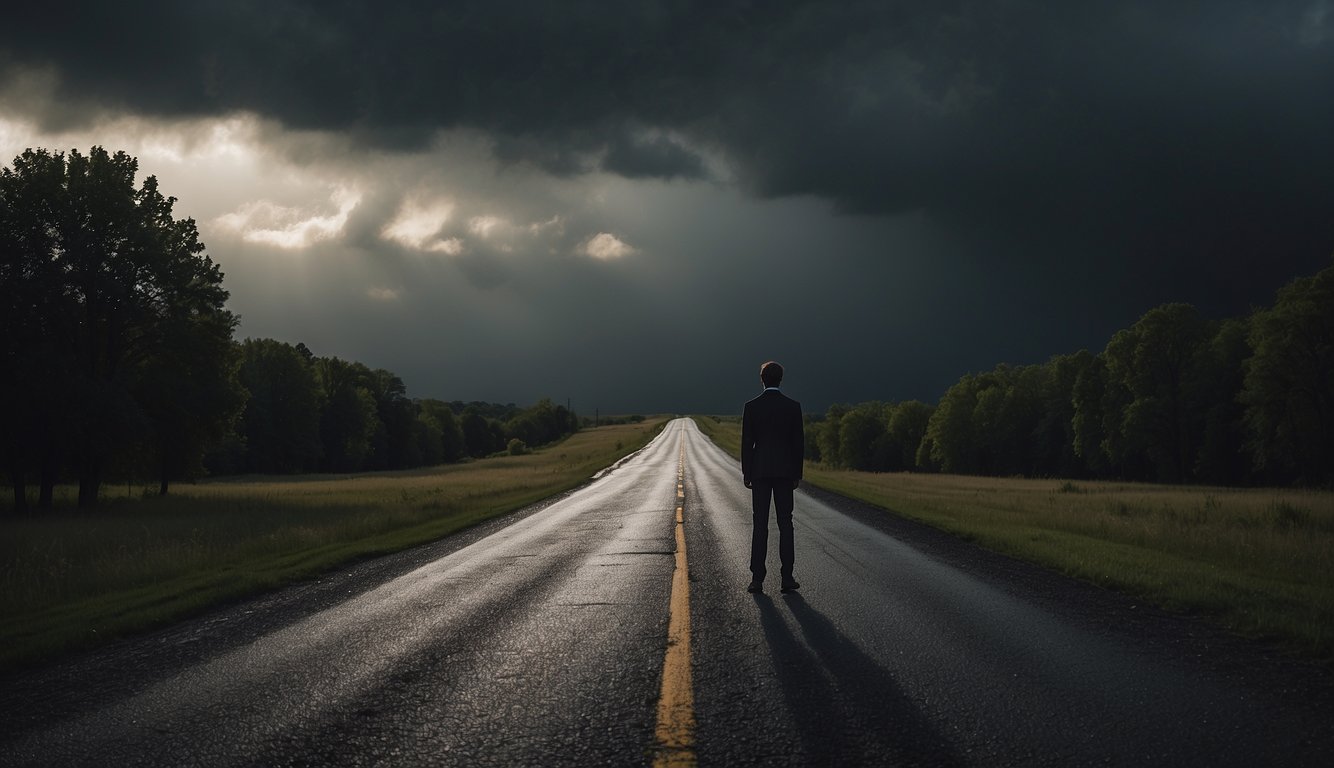 A figure stands at a crossroads, torn between two paths. A dark, stormy sky looms overhead, while a faint glimmer of light shines in the distance. The figure's posture reflects uncertainty and inner turmoil