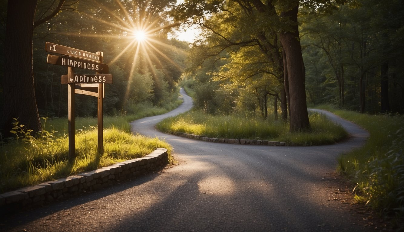 A winding path leads to a split in the road, one side bright and sunny, the other dark and shadowed. A signpost points in both directions, with the words "Happiness" and "Healing" written on each path