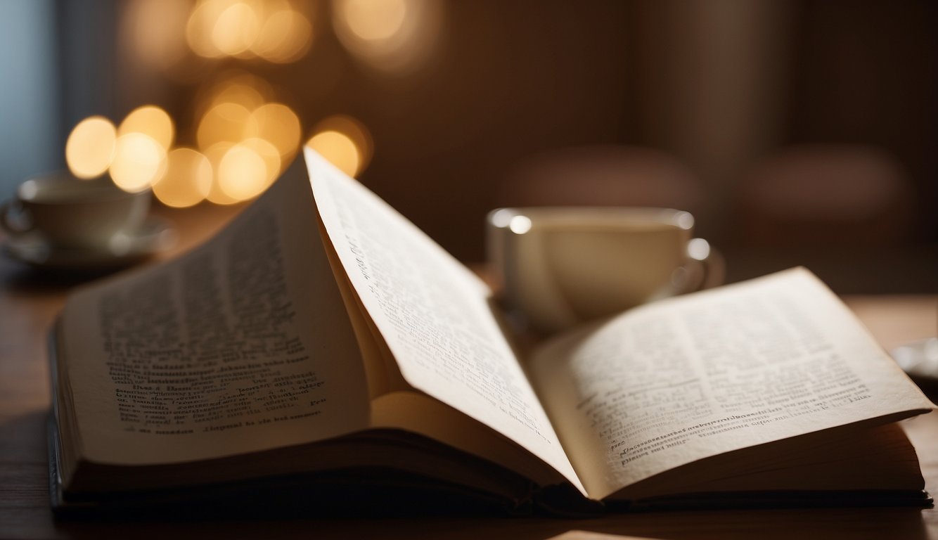 A couple sits on opposite ends of a table, their body language tense. A book titled "Considering Divorce and Its Implications" lies open between them. A beam of light shines down on the book, highlighting the title