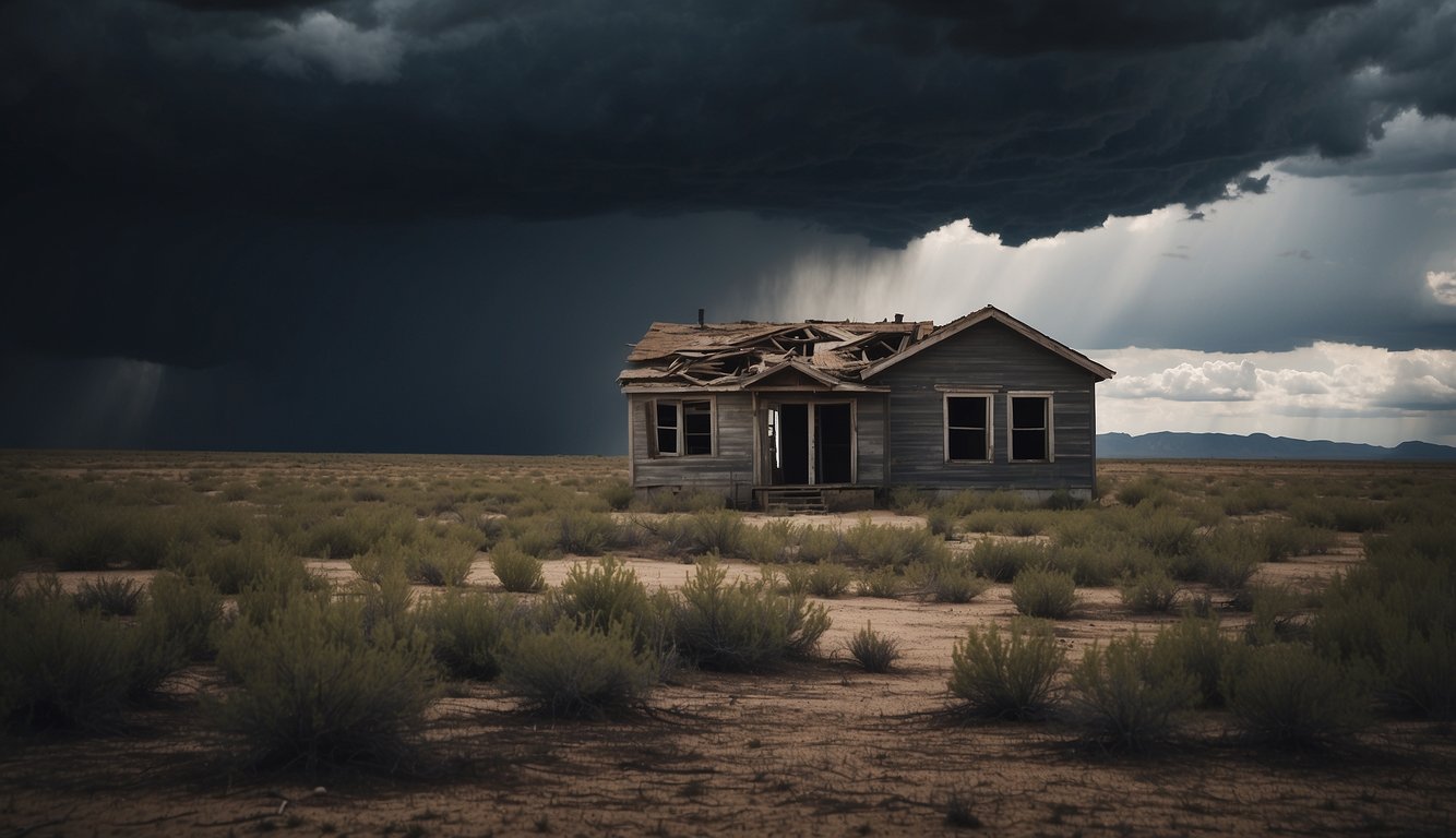 A dark storm cloud hovers over a desolate, barren landscape, casting a shadow over a crumbling, neglected house