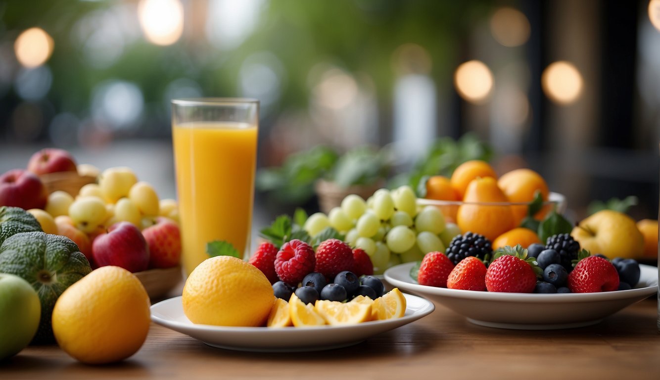 A table with healthy fruits and vegetables, while a person walks away from a tempting dessert