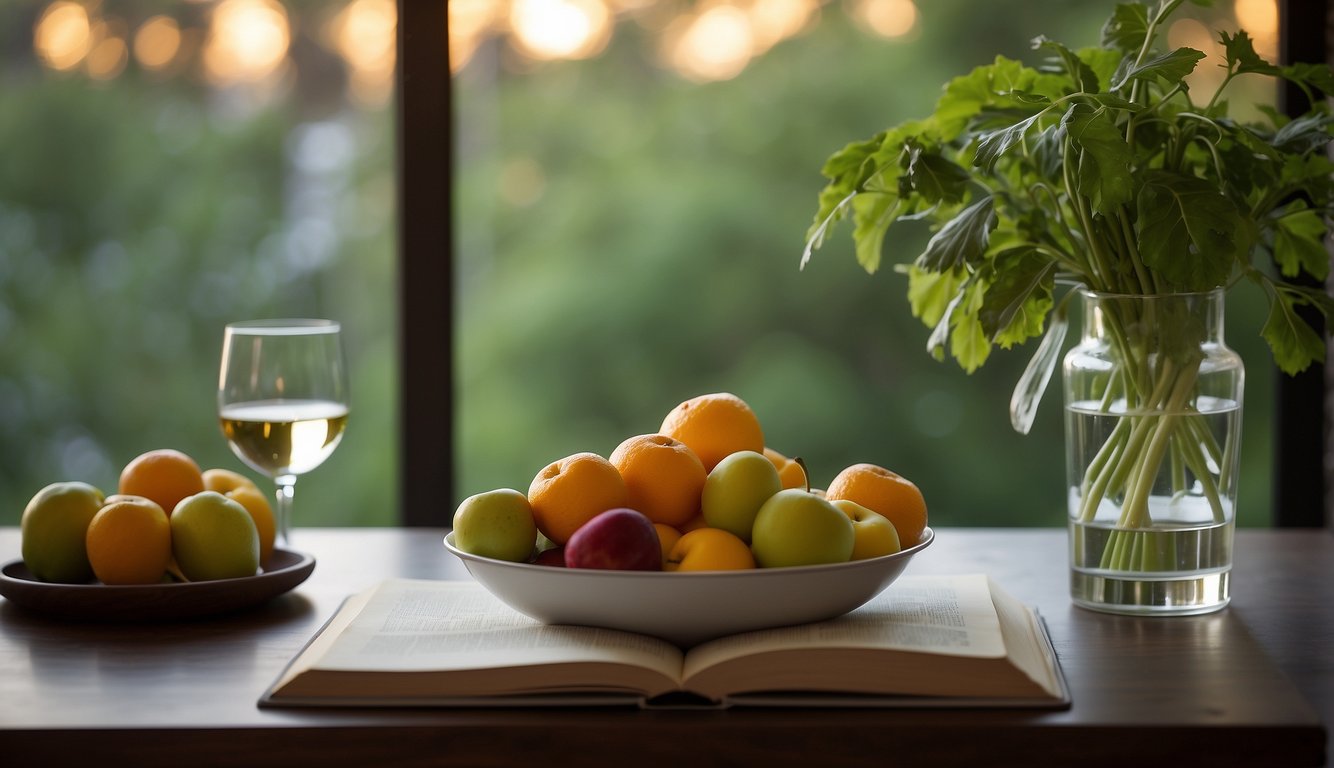 A serene setting with a bowl of fruits and vegetables, a glass of water, and a book on self-discipline. The scene is peaceful and inviting, with soft lighting and a sense of mindfulness