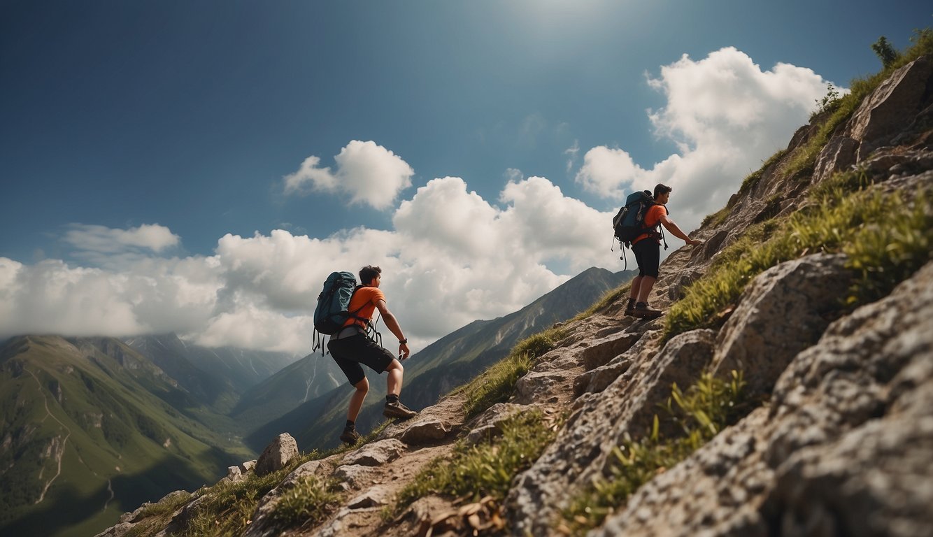 A figure climbs a steep mountain, symbolizing overcoming physical challenges. They resist the allure of food, representing overcoming temptation during fasting