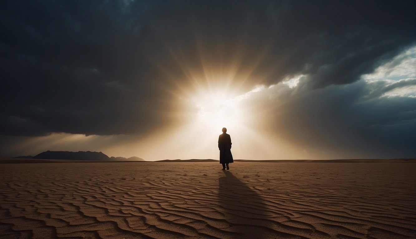 A lone figure stands in a barren desert, surrounded by swirling winds and dark clouds. A beam of light breaks through the darkness, illuminating the figure's determined expression