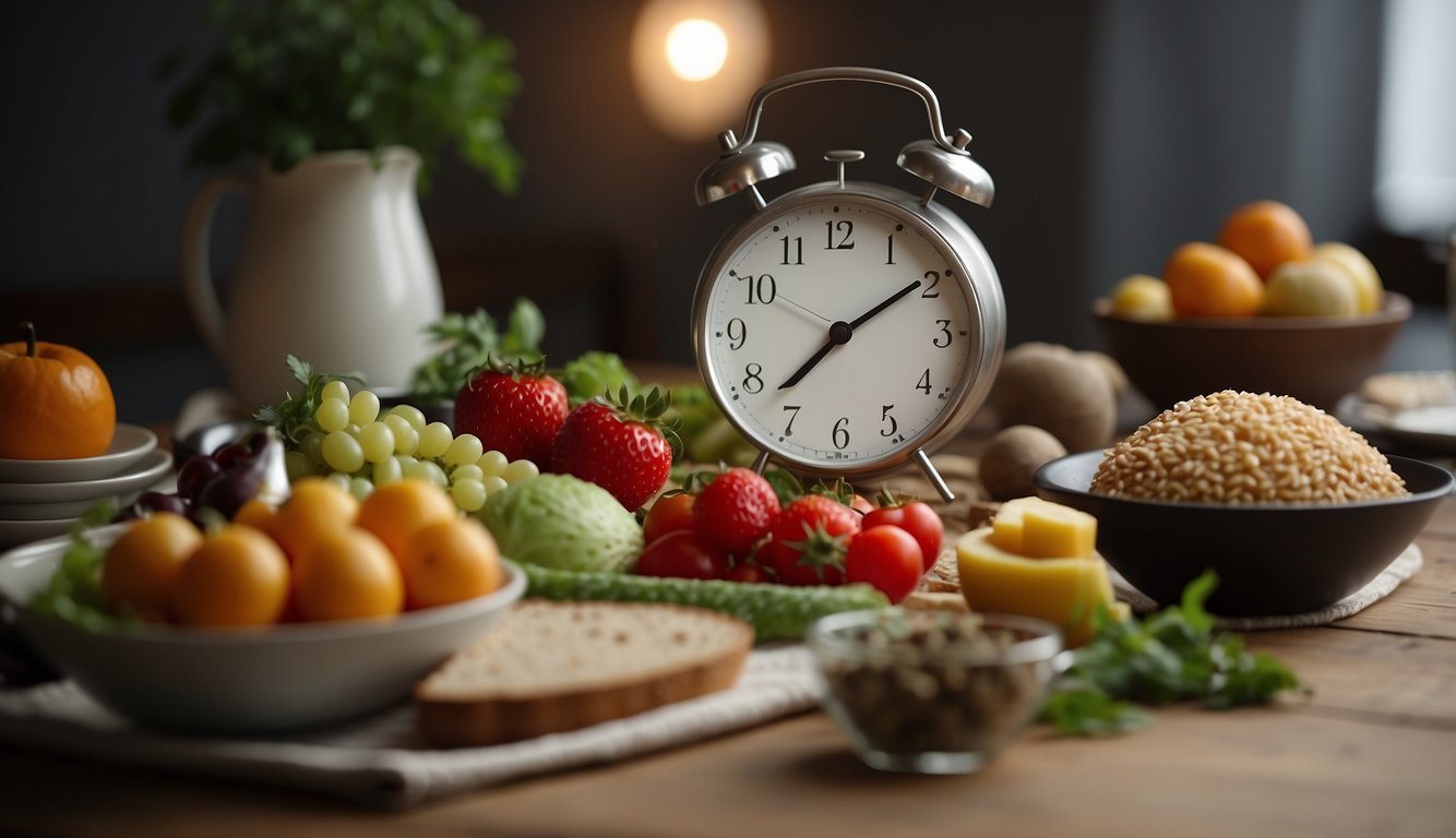 A table with healthy food and a clock showing the time for breaking the fast. A person exercising or meditating to resist temptation