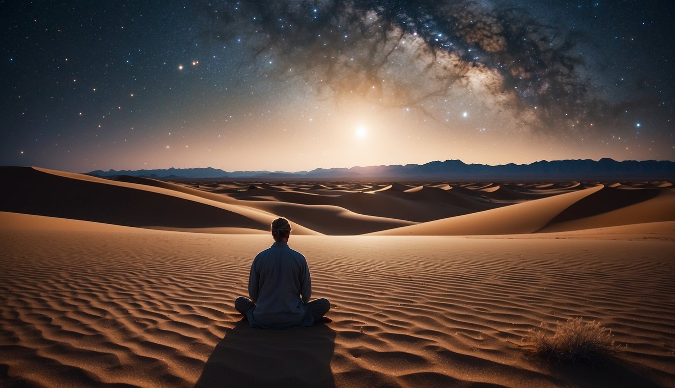 A serene desert landscape with a lone figure meditating under a vast, starry sky, resisting the allure of a sumptuous feast