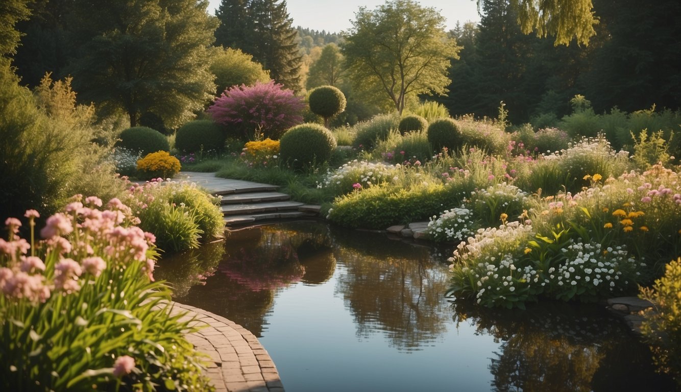 A serene garden with blooming flowers and a clear, calm pond. A winding path leads to a peaceful, secluded spot for reflection and growth