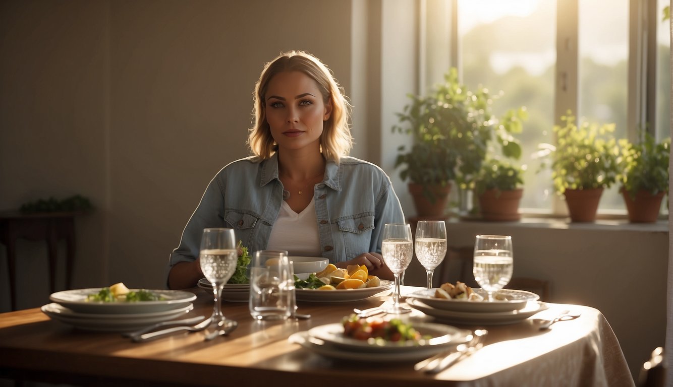 A serene, sunlit room with a table set for a meal, but with empty plates and a glass of water. A person stands nearby, looking away from the table with a determined expression