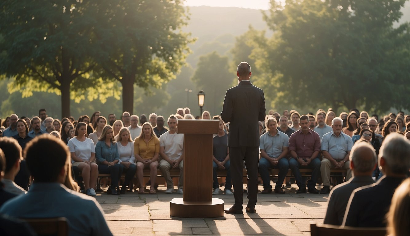 A somber crowd gathers as a preacher stands at a podium, speaking with empathy and hope. A peaceful setting with subtle religious symbols creates a solemn atmosphere