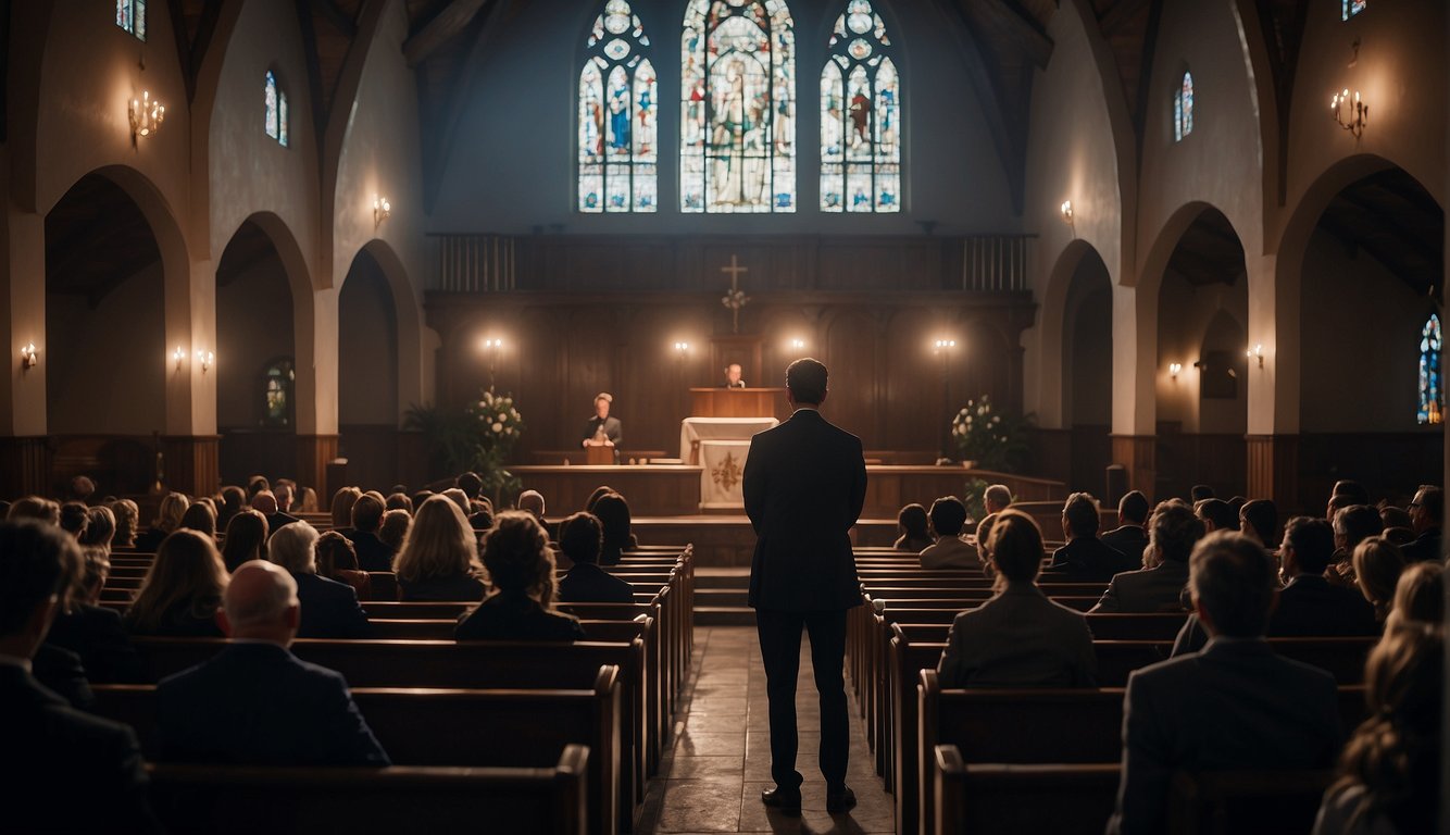 A somber crowd gathers in a dimly lit chapel. A preacher stands at the pulpit, speaking with empathy and understanding to comfort those mourning the loss of an unbeliever