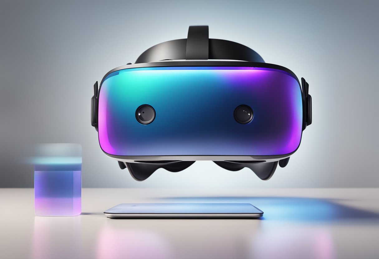 A VR headset with a blurry display, next to a clear, sharp image on a screen