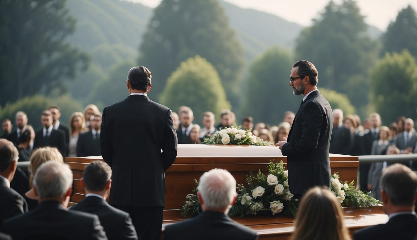 The funeral service is organized with a preacher delivering a sermon for an unbeliever. The atmosphere is somber, with mourners paying their respects