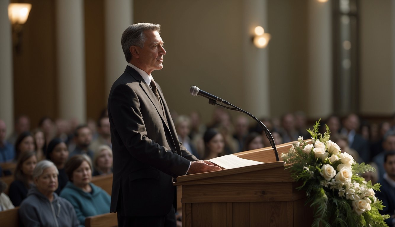 A somber figure stands at a pulpit, speaking to a group of mourners. The atmosphere is heavy with grief as the speaker delivers a message of hope and comfort for those who do not share their faith