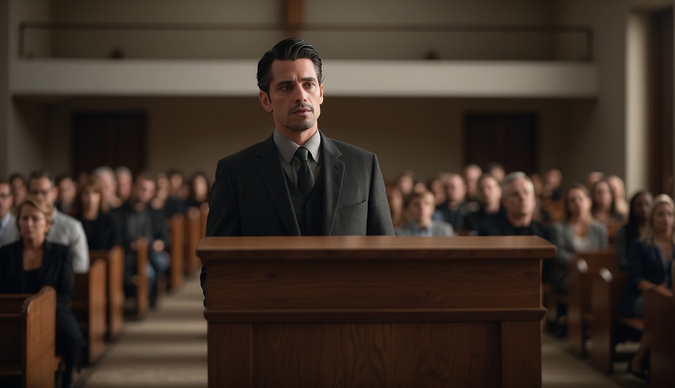 A preacher stands at a pulpit, delivering a eulogy for an unbeliever. The room is filled with mourners, and the atmosphere is somber. The preacher's words are heartfelt, and the scene is filled with emotion