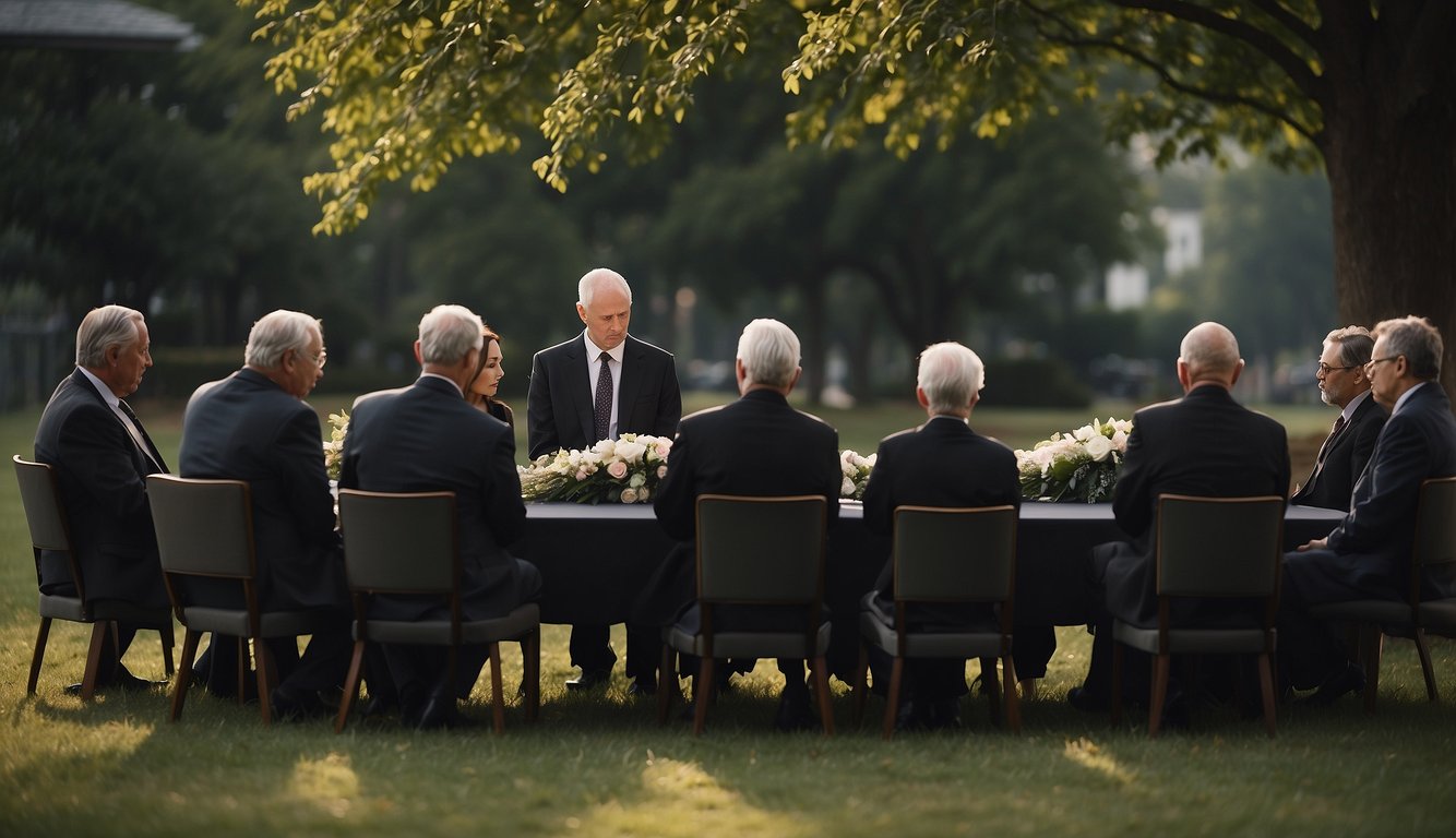 A group of people gather in a somber atmosphere, discussing the logistics and considerations of preaching a funeral for an unbeliever. The scene is filled with contemplation and sensitivity