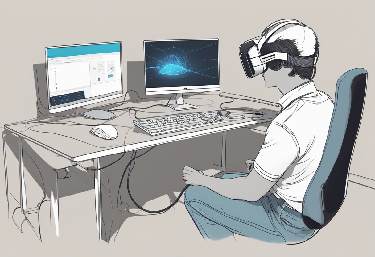 A VR headset connected to a computer with cables, while a user interacts with the system to fix stuttering issues