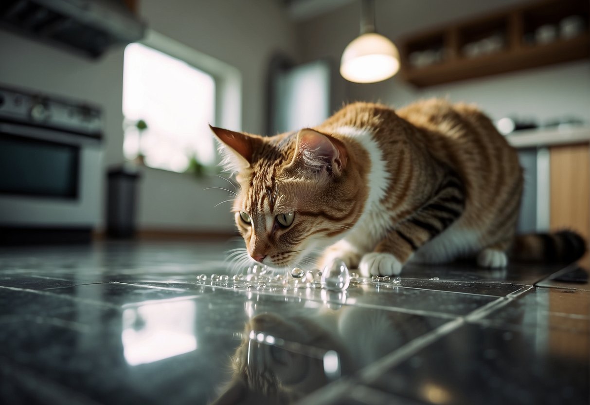 A cat lapping up juice from a spilled glass on the kitchen floor