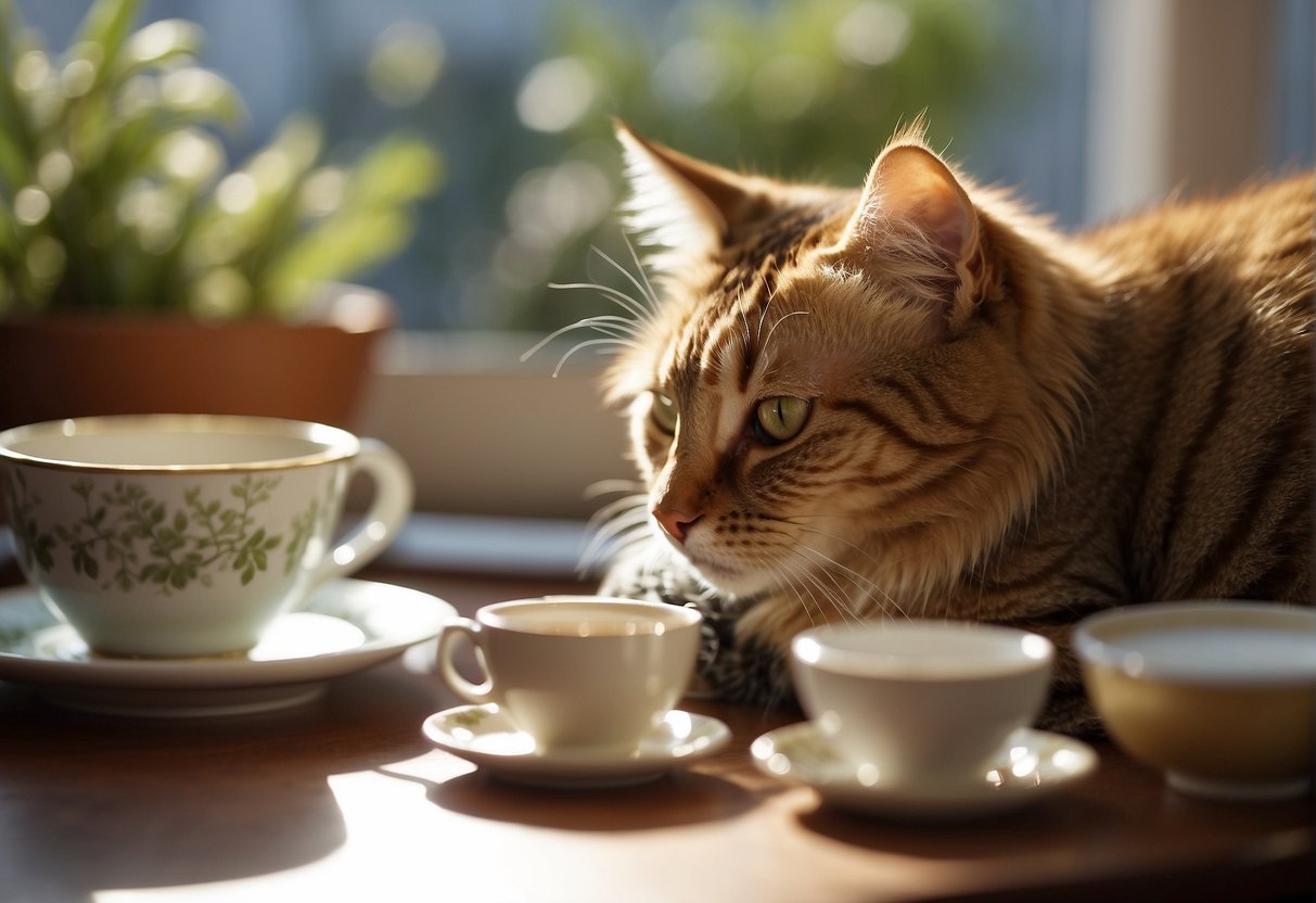 A cat sips tea from a small saucer on a cozy rug by a sunlit window