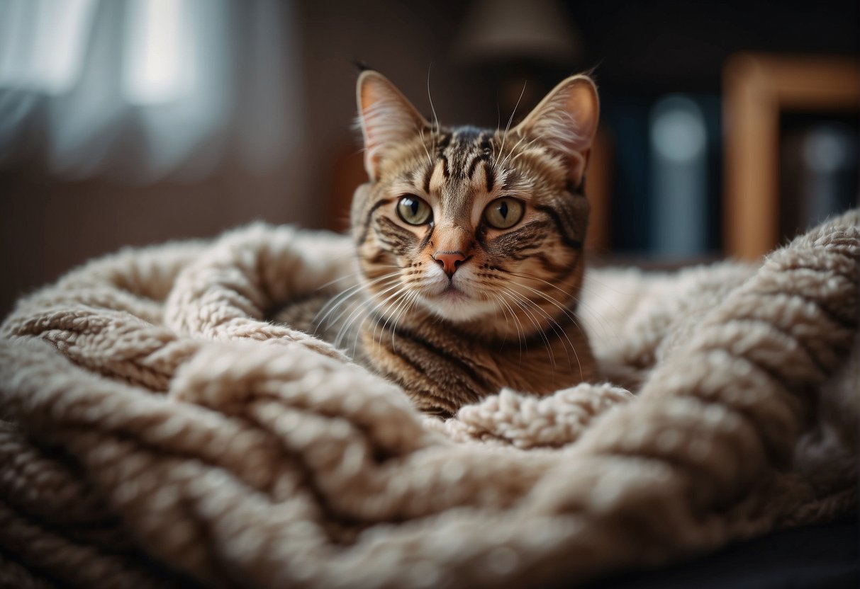 A tripod cat lounges comfortably in a cozy bed, surrounded by soft blankets and toys. A gentle caregiver provides loving attention and specialized care, ensuring the cat's comfort and well-being