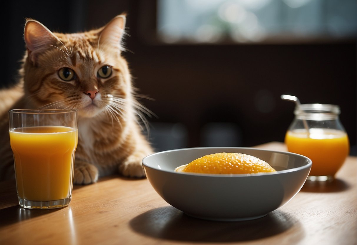 A cat sits next to a bowl of juice, looking curiously at it. A question mark hovers above its head as it contemplates whether it can drink the juice