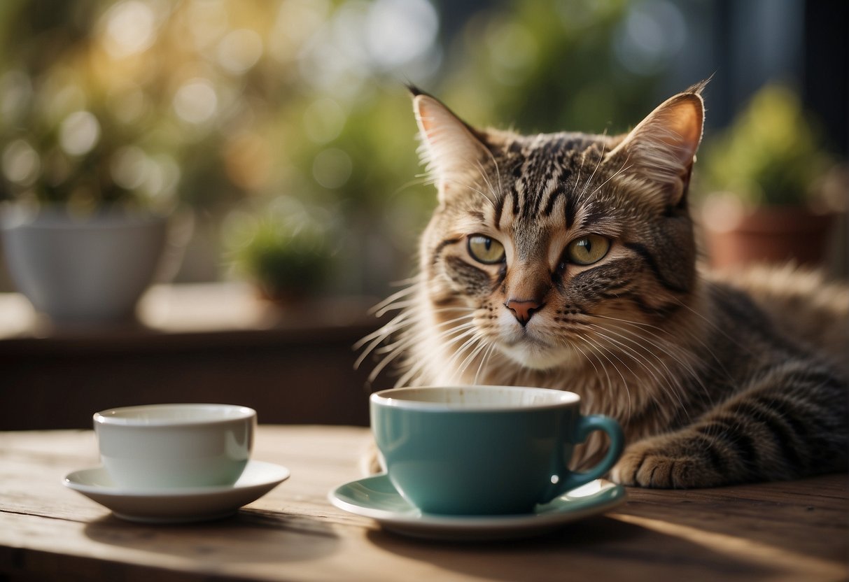 A cat knocking over a cup of tea, with a concerned owner looking on