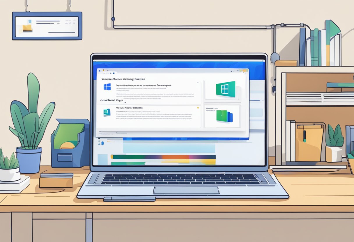 A computer screen displaying a Windows 11 installation error message. A technician's toolkit and a laptop with troubleshooting guides are nearby