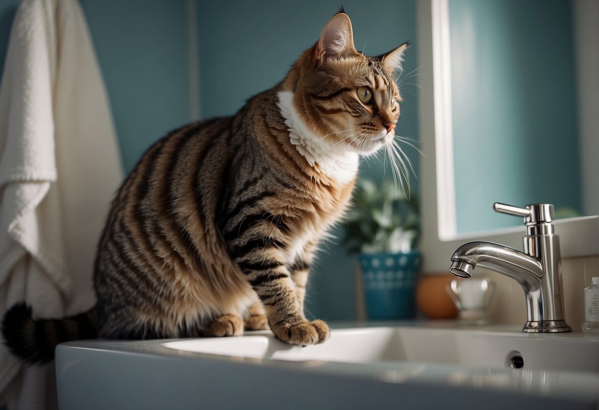 A cat perches on the edge of a bathroom sink, lapping up water from the running faucet with its tongue