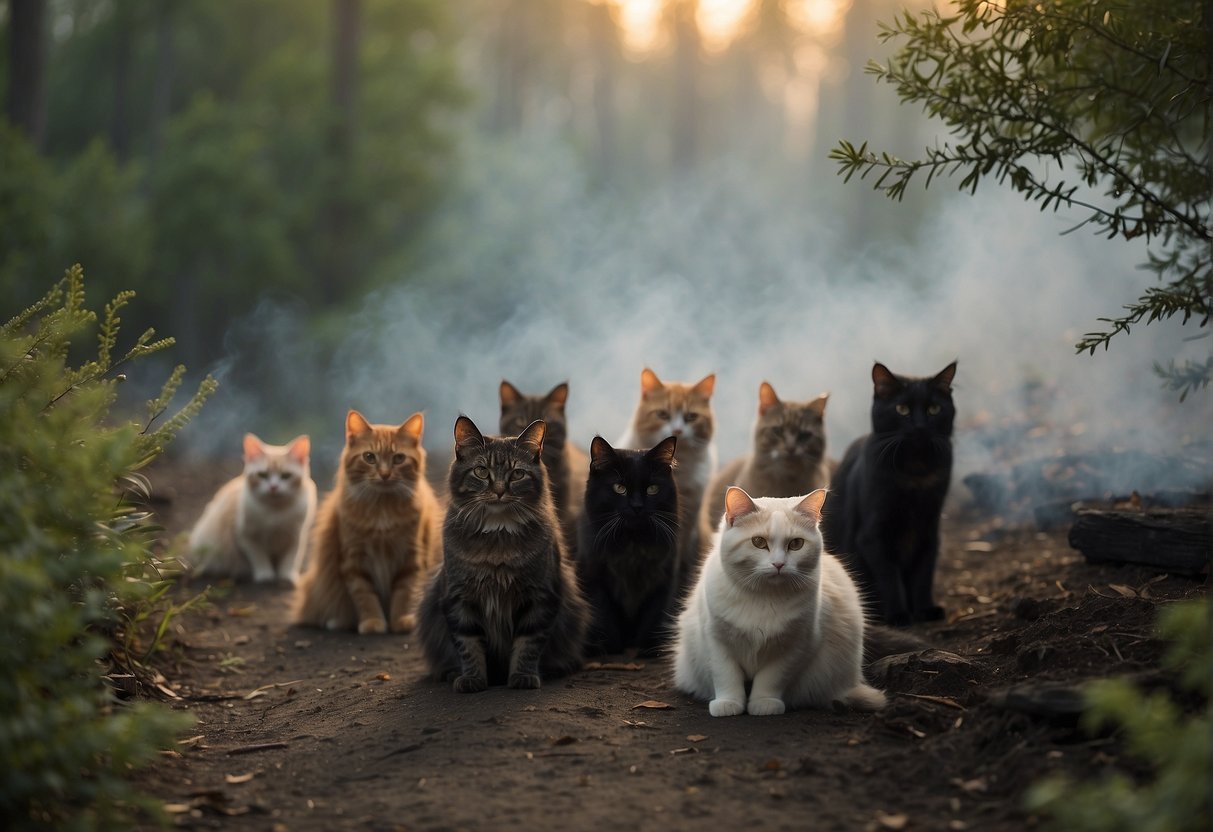 Cats huddled under shelter, surrounded by smoke. A barrier of trees and bushes shields them from the approaching wildfire