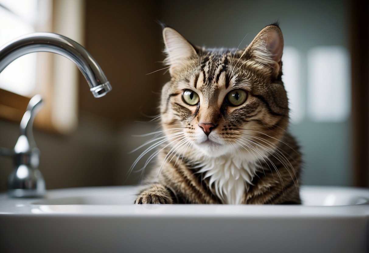 A cat perches on a bathroom sink, lapping at a stream of water flowing from the faucet. Its eyes are focused and ears perked, showing a clear preference for this method of hydration