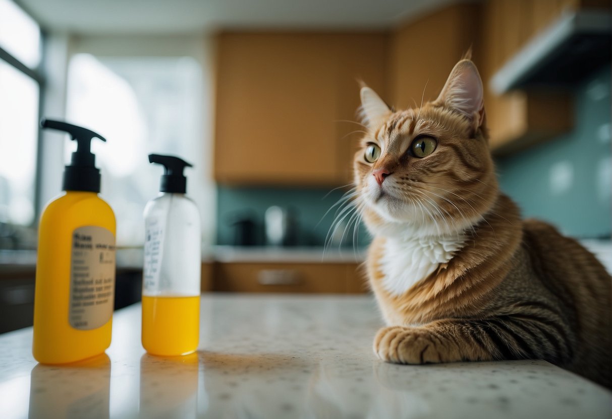 A cat looks up at a spray bottle on a counter, with a questioning expression, as if considering its use for training