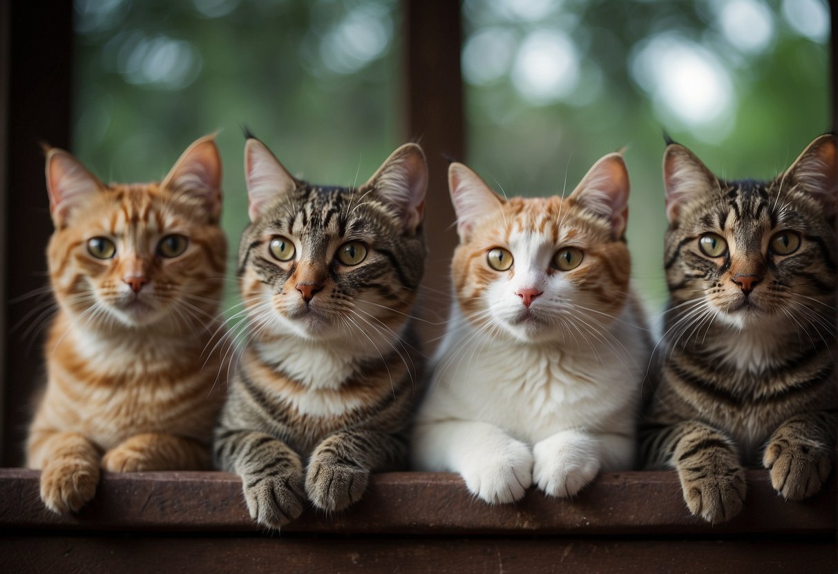 Cats huddled in a cozy, enclosed space, shielded from the hazy, smoky air outside. Their eyes squint as they breathe in clean, filtered air
