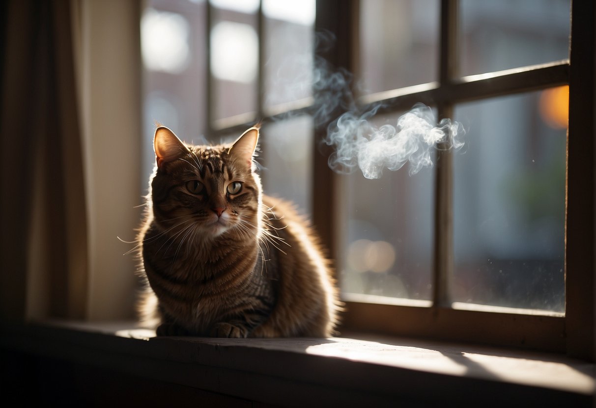 A cat sitting near a window, with sunlight streaming in, while surrounded by second-hand smoke from a nearby person smoking