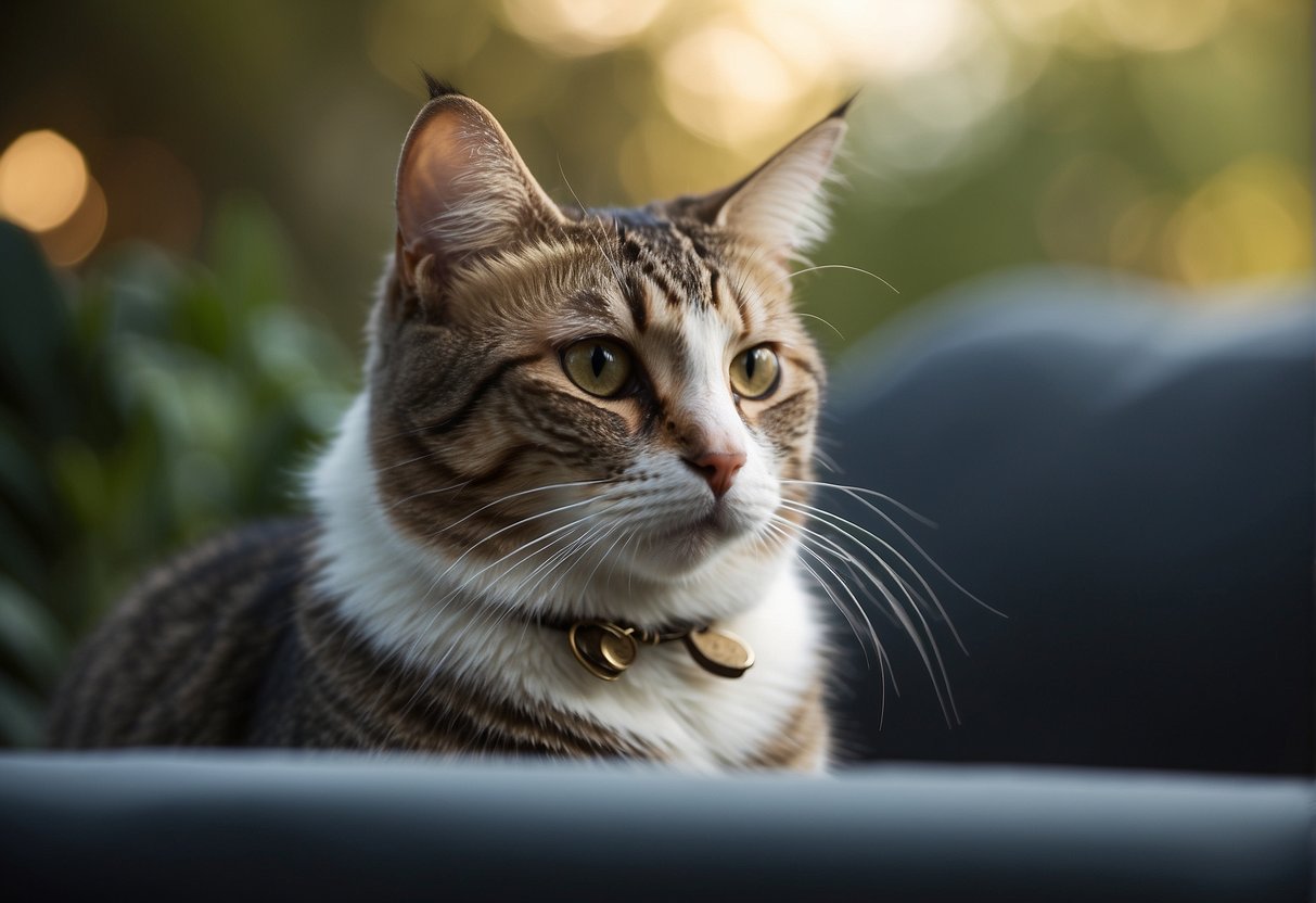 A cat sits still, ears perked up. Sound waves emit from various directions. The cat does not react, indicating potential hearing loss