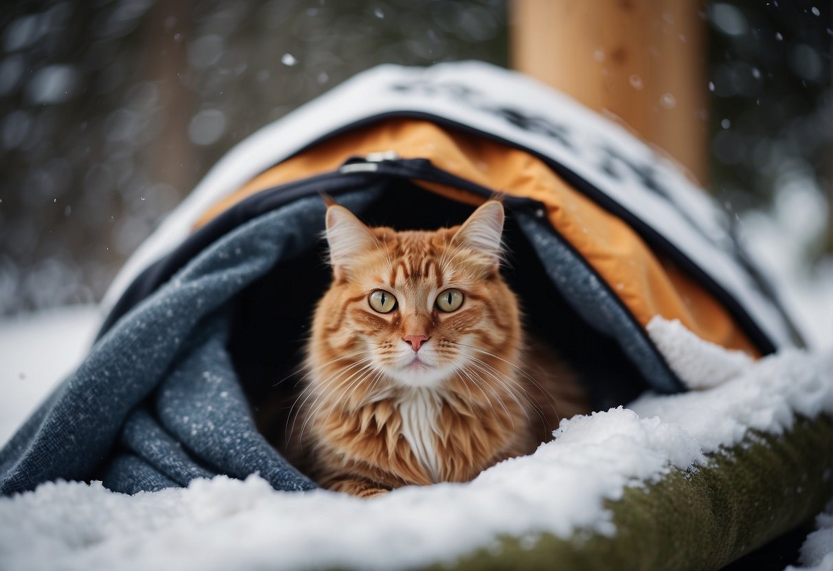 A cat huddles in a cozy shelter with food, water, and blankets, while snow and wind rage outside