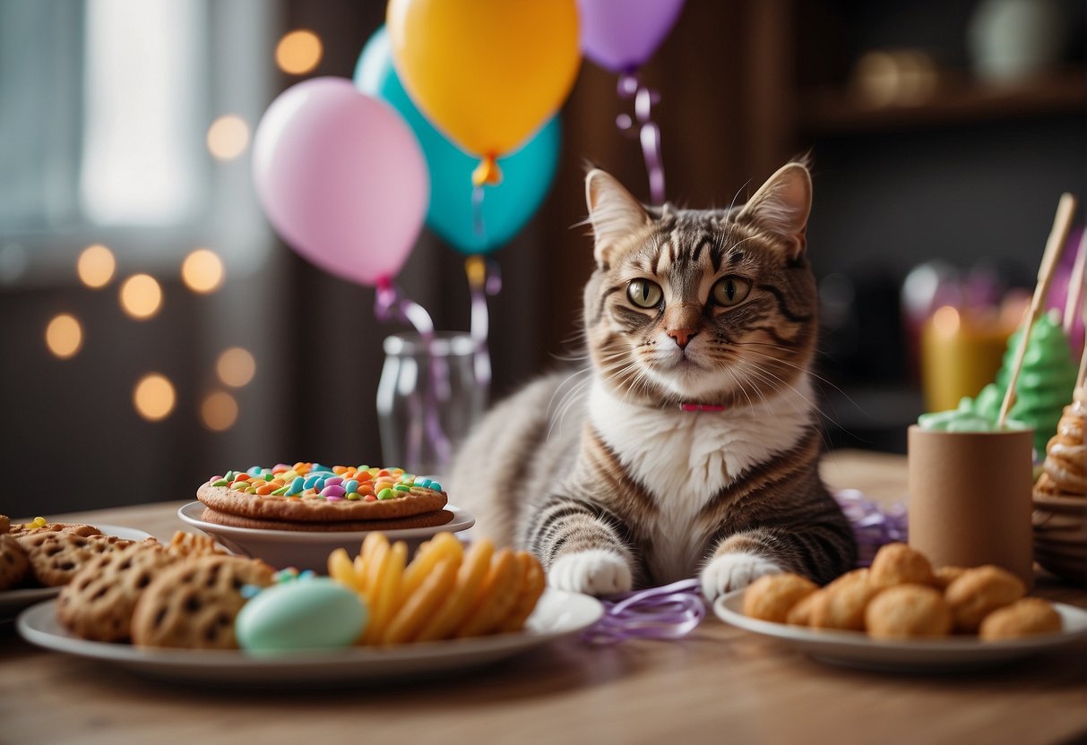 A table set with cat-friendly treats and toys, colorful decorations, and a cozy bed for the birthday cat. Balloons and streamers add to the festive atmosphere