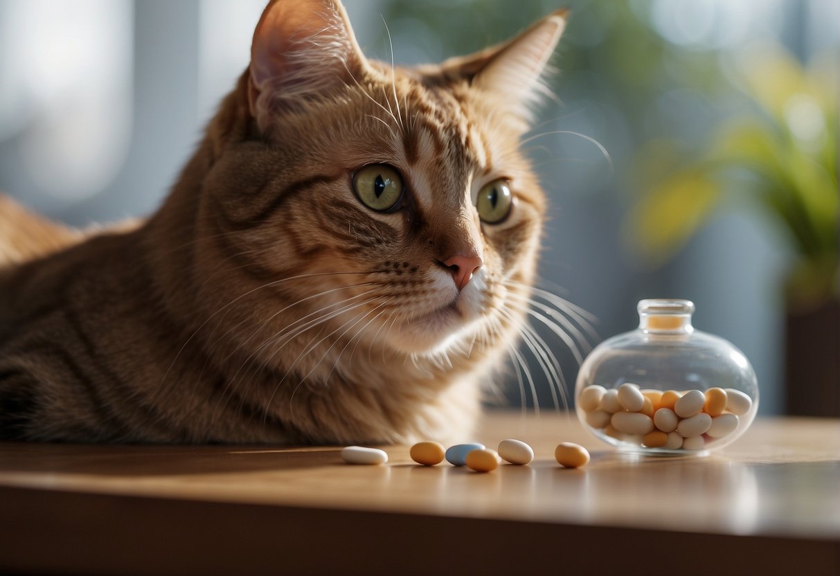 A cat sitting on a table, with a pill hidden in a treat. The cat sniffs the treat, then eats it, unknowingly taking the pill