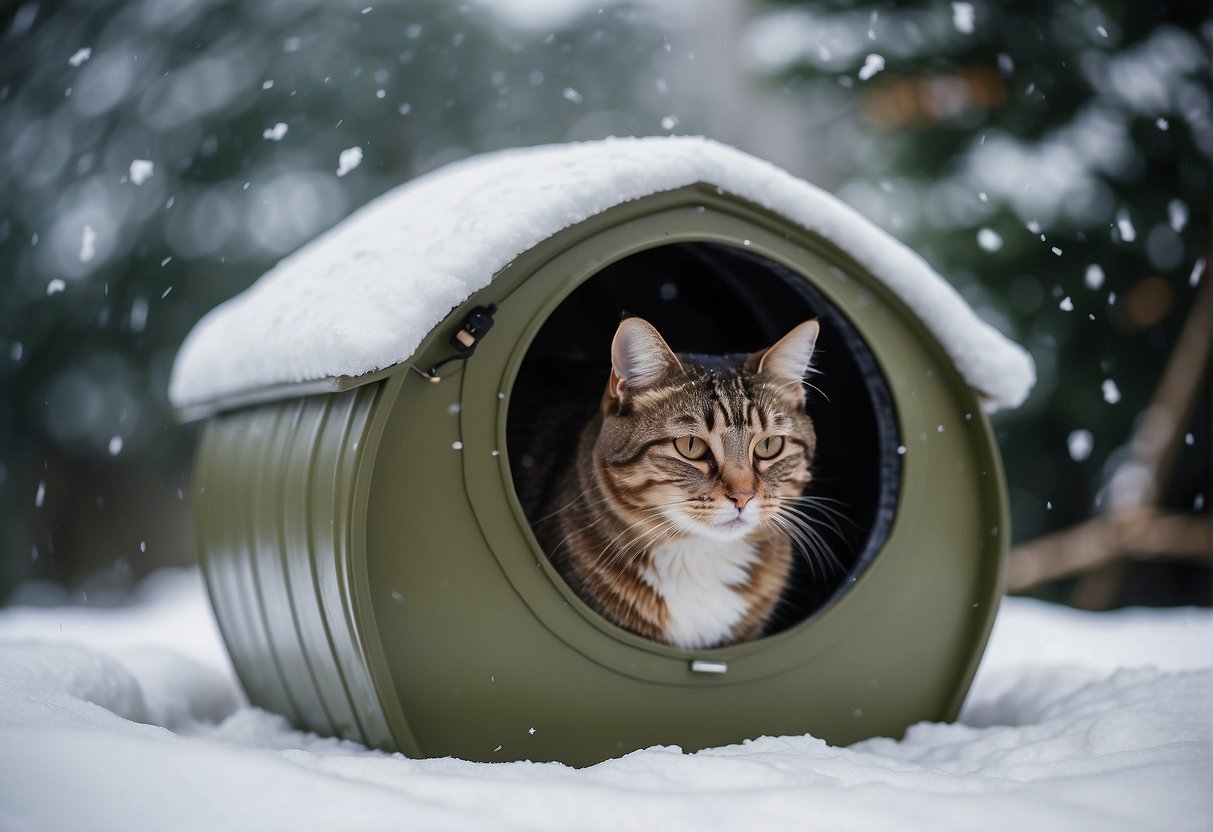 A cat curled up in a cozy, insulated shelter with plenty of food and water, as the snow falls heavily outside