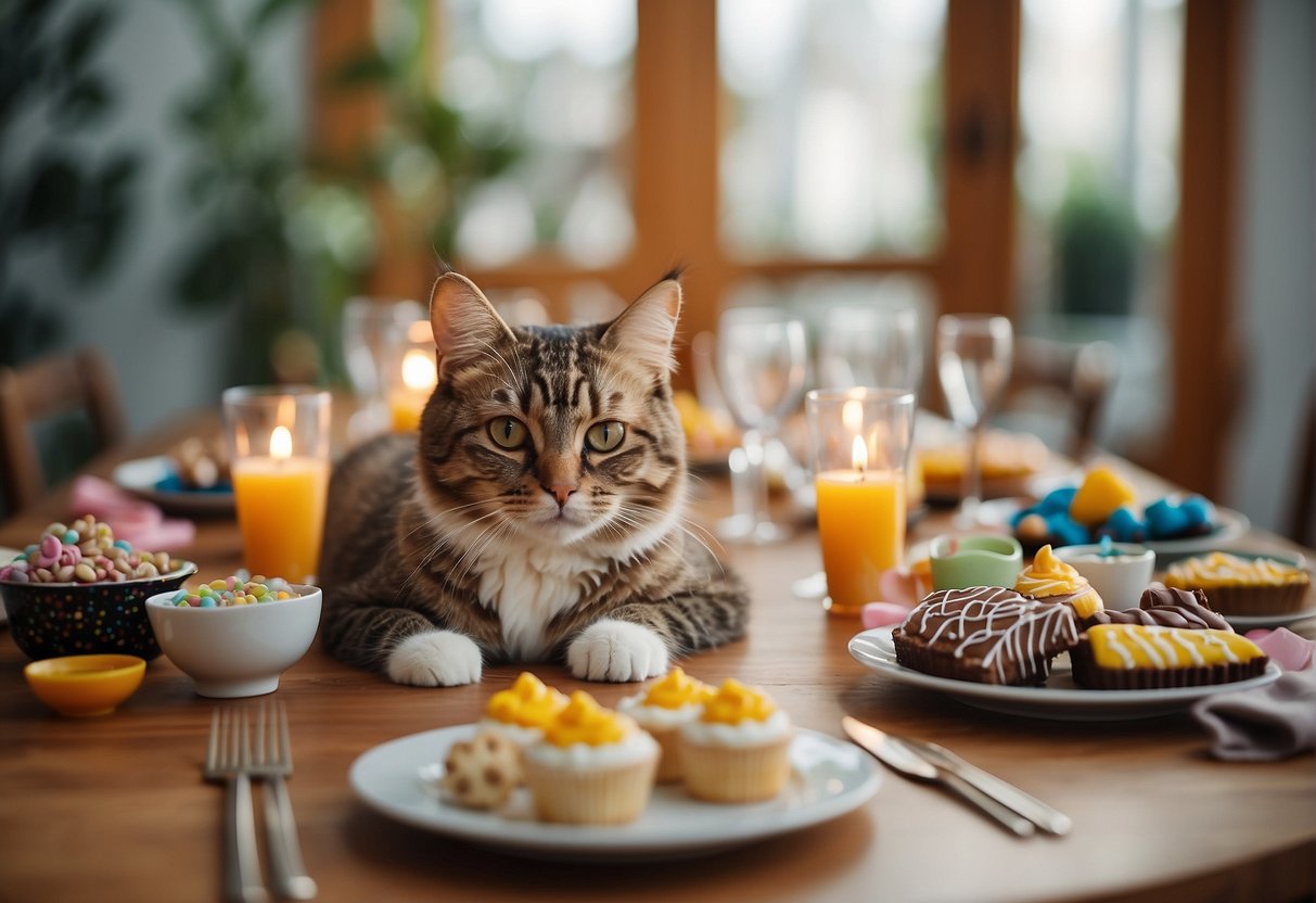 A table set with cat-themed decorations, toys, and treats for a feline birthday party