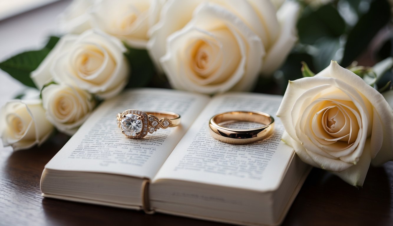 A woman's Bible, prayer journal, and engagement ring on a table beside a bouquet of white roses and a wedding planning book