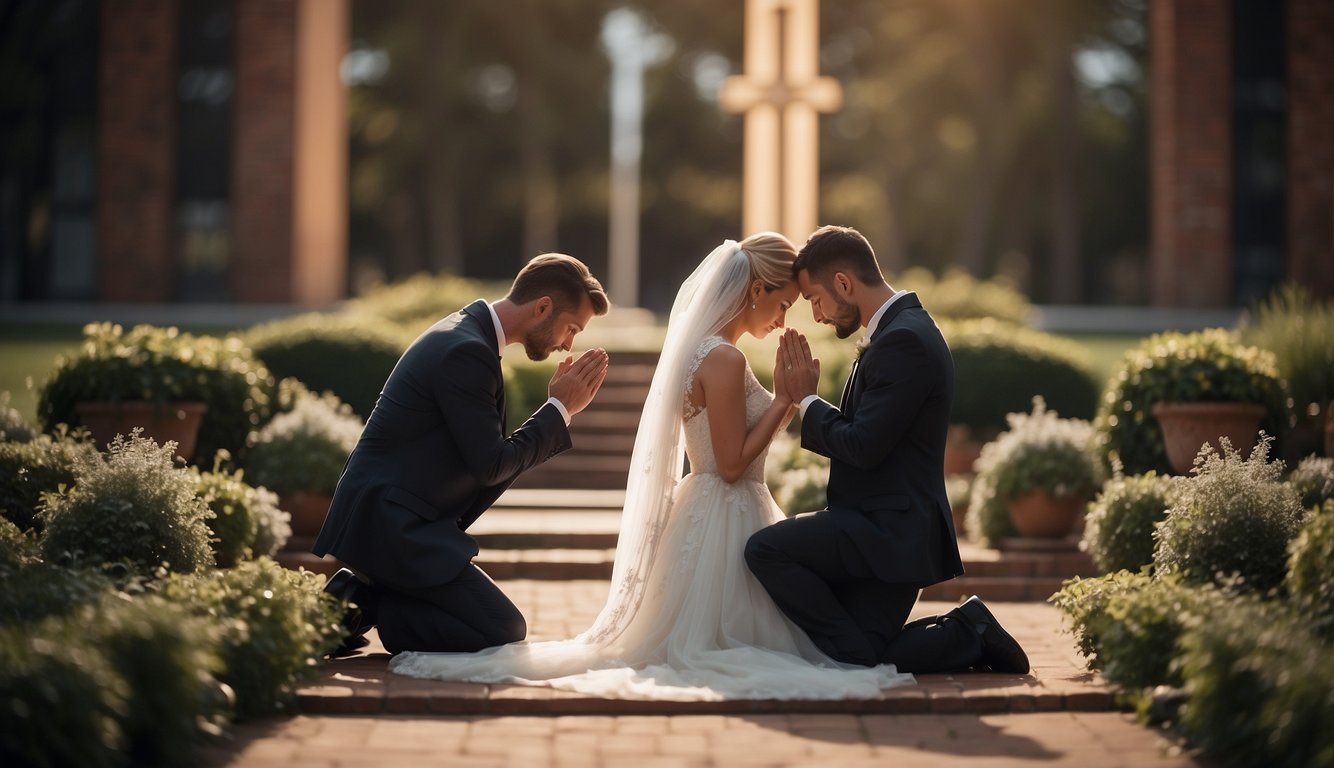 A bride and groom kneeling in prayer, surrounded by Bible verses and a cross, symbolizing the foundation of Christian marriage