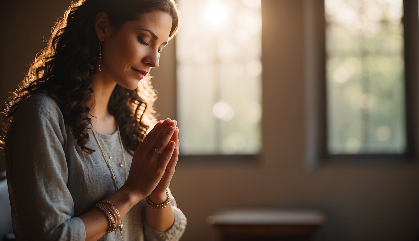 A woman kneeling in prayer, surrounded by a Bible, wedding rings, and a cross. A peaceful and serene atmosphere with soft lighting